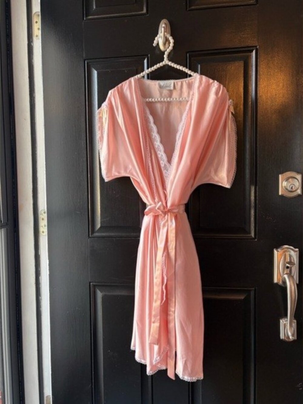 VTG Nicole Peach Pink Satin Lace Teddy Bodysuit Robe Set Size S/M - Picture 5 of 15